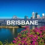 Brisbane city skyline featuring modern skyscrapers, the Brisbane River, and the Story Bridge, with vibrant pink flowers in the foreground, showcasing urban beauty and natural scenery.