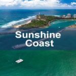 A stunning aerial view of Sunshine Coast showcasing its pristine beaches, lush greenery, and calm waters, perfect for tourism and outdoor activities.